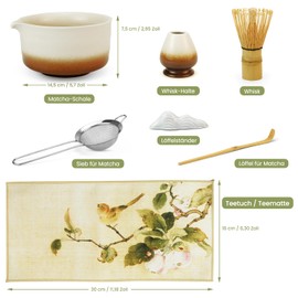 Matcha Whisk Set, 7 PCS Matcha Set, Reusable Matcha Bowl with Spout, Matcha Whisk, Holder, Matcha Powder Strainer, Matcha Tea Set Gift for Beginners and Tea Lovers (White to Brown Gradient)