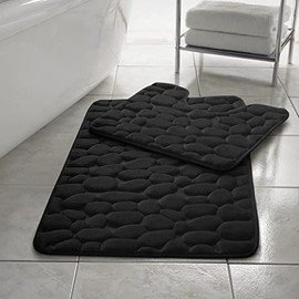 Memory Foam Bath Mat 2 Piece Set Pebbles Non Slip Pedestal and Bath Mat Toilet Bathroom (Black)