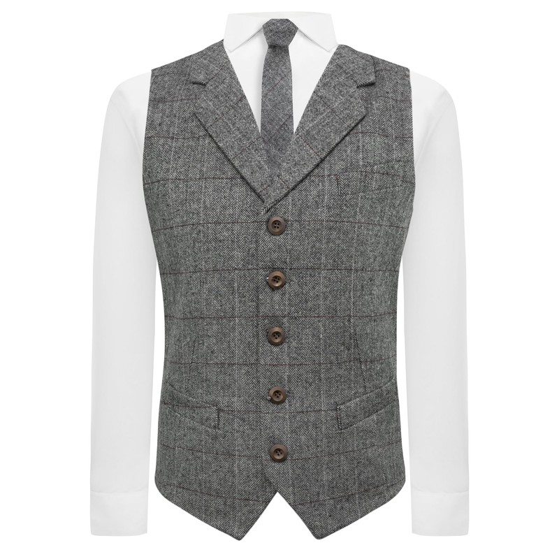 King & Priory Luxury Pewter Grey Herringbone Check Waistcoat with