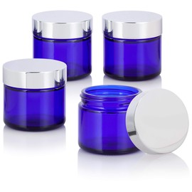 2 oz Cobalt Thick Glass Jar with Silver Metal Overshell Lid (4 pack)
