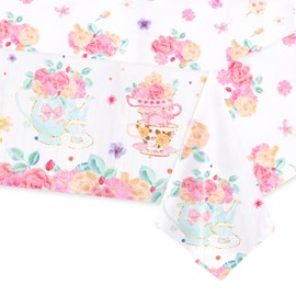 MAGLAUG Afternoon Tea Decorations Table Cloth, 54X108inch Floral Tablecloth Disposable Tea Party Tableware for Afternoon Tea, Birthday Mother's Day Baby Shower Anniversary (Tablecloth 1pc)
