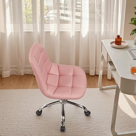VECELO Armless Home Office Desk Chair, Height Adjustable, PU Leather 360 Degree Swivel with Wheels, Stylish Casual Vanity Seat for Study, Work, Makeup, Leisure, Weight up to 330 Lbs, Pink