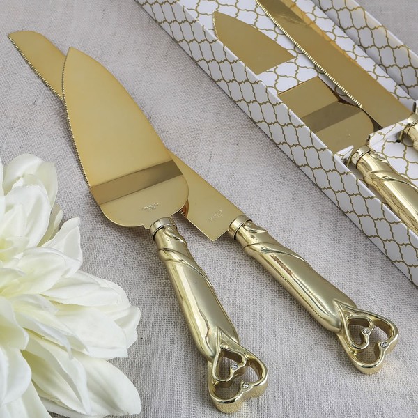 FASHIONCRAFT - Juego de cuchillos para tartas de boda de doble corazón dorado