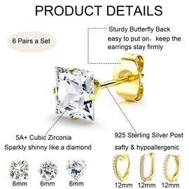 KRFY 6Pcs Gold Studs Earrings for Women Hypoallergenic Gold Hoops Earrings Set Comfortable Cubic Zirconia Unisex Sleeper Huggie Small Silver Hoop Earring for Men Women