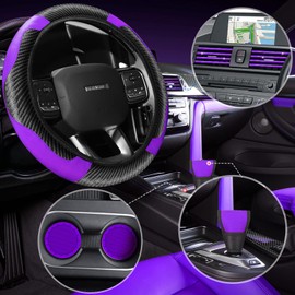30 Pcs Car Accessories Set PU Leather Steering Wheel Cover Anti Slip Steering Wheel Protector Car Vent Trim Strips Air Conditioner Insert Strips with Installation Tool for Most Car SUV (Purple, Black)