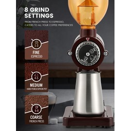 Huanyu Stainless Steel Coffee Grinder Electric with 8 Grinding Settings Flat Burr Coffee Grinder Adjustable Burr Coffee Grinders for Home Use Red