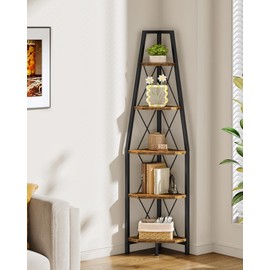 CHOEZON 5-Tier Corner Shelf, Corner Bookshelf, Ladder Shelf, Floor Standing Storage Rack, Open Display Stand, Plant Stand, for Living Room, Bedroom, Study, Bathroom, Rustic Brown and Black TCJ22BF