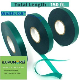 ILUVUMOREI 3 Rolls Stretchy Tie Tape, 1/2" 150ft Garden Tie Tape, Thick Sturdy Plant Ribbon Garden Green Vinyl Stake Gardening Tools for Indoor Outdoor Patio Plant