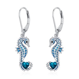 LONAGO Seahorse Earrings 925 Sterling Silver Blue Seahorse with Birthstone Pendant Earrings for Women, Sterling Silver, Cubic Zirconia