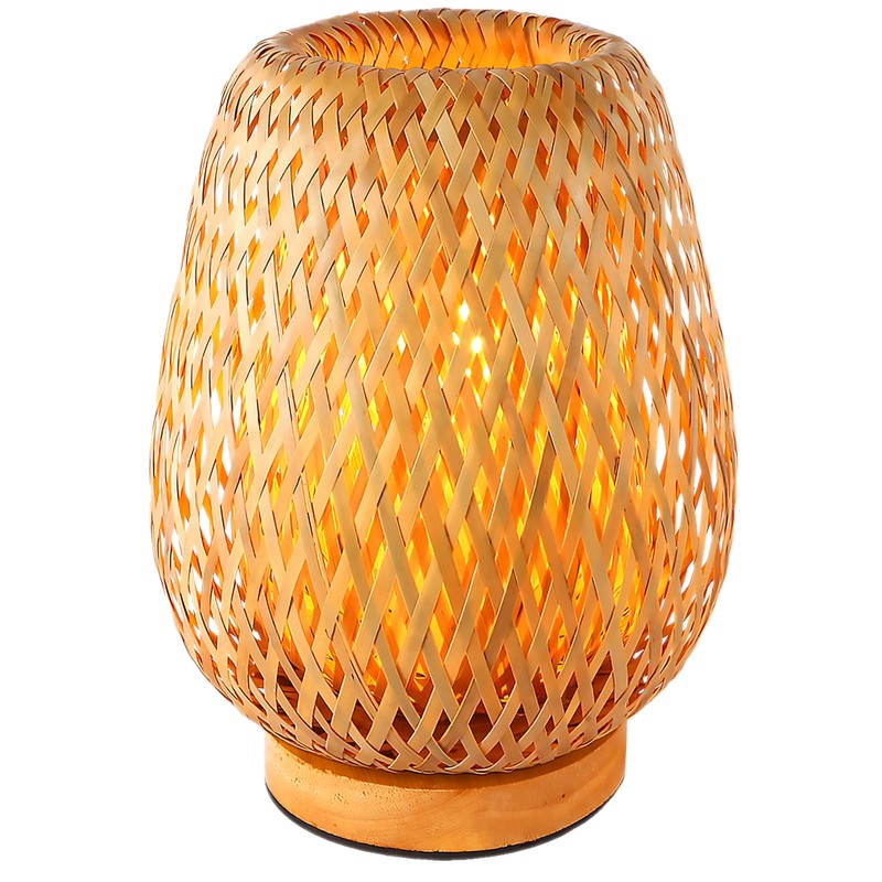 Schindora Handmade Boho Bamboo Small Table Lamp Willow Woven Desk