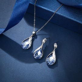EleQueen Necklace Dangle Earrings Austrian Crystal Leaf Teardrop Jewelry Sets for Women Her Valentine's/Mother Day Christmas Blue Silver-Tone