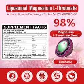 Liposomal Magnesium Threonate High-Potency 3000mg Gummies,Liposomal Enhance 98% Absorption,Magnesium L-Threonate Supplements, Muscle & Nervous System for Kids & Adults
