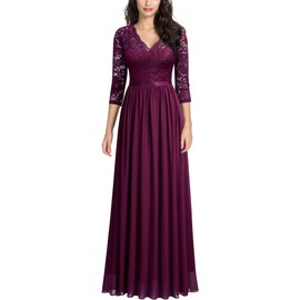 MISSMAY Women's Vintage Floral Lace V Neck Evening Bridesmaid Formal Long Dress (Large, Magenta)