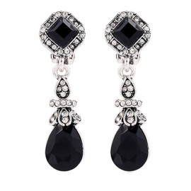 Silver Tone Art Deco Antique Vintage Style Jet Black Onyx Rhinestone Dangle Clip-On Earrings