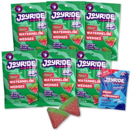 JOYRIDE Sour Watermelon Wedges - 3.5 oz 6-Pack Bundle with 2.5oz Glacial Peppermint Gum, Low Sugar and Calories, Healthy Sour Candy, Watermelon Gummies (7 Items)