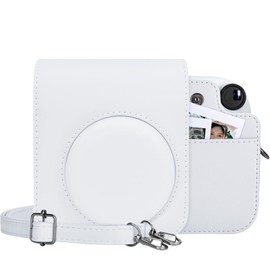 MUZIRI KINOKOO Camera Case Bag for Fuji/Polaroid Instax Mini 12 Instant Camera - PU Leather Protective Case with Adjustable Shoulder Strap, White, Magnetic buckle