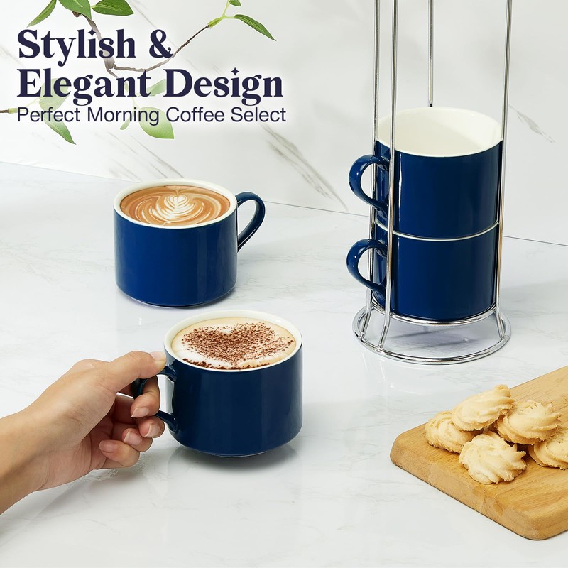 NWYSZ 10 Ounce Blue Porcelain Stackable Cappuccino Cups with Stainless
