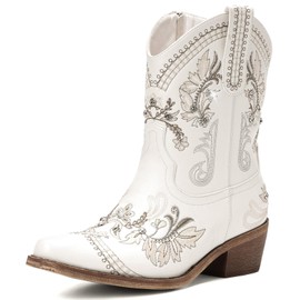 Rivalran White Cowboy Boots for Women - Western Cowgirl Boots With Classic Embroidered Sparkly Rhinestone, Pointed Toe Chunky Heel Pull on Short Booties, Ankle High Fashion Country Booties Size 8