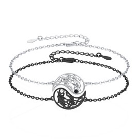 Waysles 2 Pieces Wolf Matching Bracelet 925 Sterling Silver Yin Yang Celtic Knot Wolf Charms BFF Bracelet Couple Friendship Jewellery Valentine's Day Gifts for Him Women Men, Sterling Silver, No