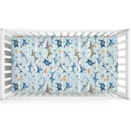 Blue Sharks Baby Crib Sheets 52''x28'' Sea Animals Sharks Stripes Snug Fitted Crib Mattress Cover for Boy Girl Ocean Fishes Corals Nautical Life Baby Bed Sheet for Standard Crib and Toddler Mattress