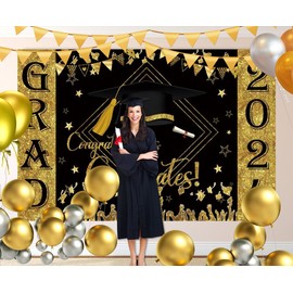 ChloropLastid Graduation Backdrop Black Glod Class of 2024 Congradulation Photography Backdrop Congrats Congratulation Bachelor Cap Congrats Grad Celebration Party Background Props Banner 10x8ft