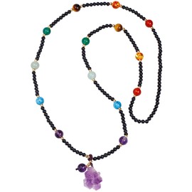 Lightock 7 Chakra with Raw Quartz Amethyst Crystal Long Necklaces for Women Stones and Crystals Meditation Balance Black Agate Beaded Necklace