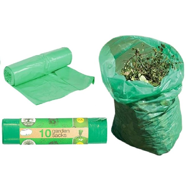 Garden Waste Bags Heavy Duty Bin Liners Refuse Sack Bags With tie Handle Gardening Bag Ideal For Collecting Debris Such As Leaves Weeds And Shrub Clippings In Size 50L 72X120CM (green (PACK OF 10))