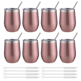 FristChoice 12 oz Insulated Wine Tumbler with Lid and Straw,Stainless Steel Stemless Wine Tumbler Glasses Double Wall Vacuum Wine Cups Tumbler Bulk for Champaign,Cocktail,Office(Rose Gold,8)
