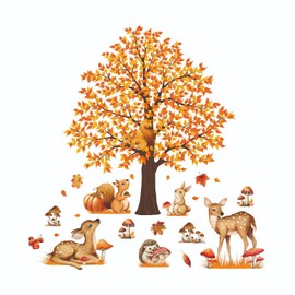 LOONELO Autumn Maple Tree Wall Decals – Thanksgiving Woodland Animal Squirrel Deer Hedgehog Peel and Stick Wall Stickers for Fall Farmhouse Home Living Room Bedroom Sofa TV Decorations