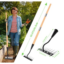 ATLRGISL Iron Weeding Rake with Wooden Long Handle 2.0, 8 Teeth Weed Puller Tool Heavy Duty, Manual Gardenia Weed Rake Tool for Yard, Lawn and Garden, 56Inch
