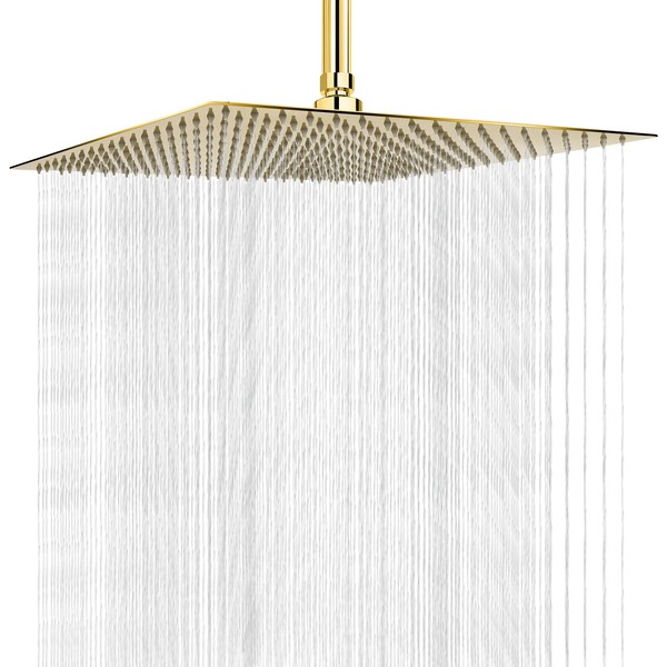 Rain Shower head, NearMoon High Flow Stainless Steel Square Rainfall ShowerHead, Waterfall Bath Shower Body Covering, Ceiling or Wall Mount (16 Inch, Chrome Gold)