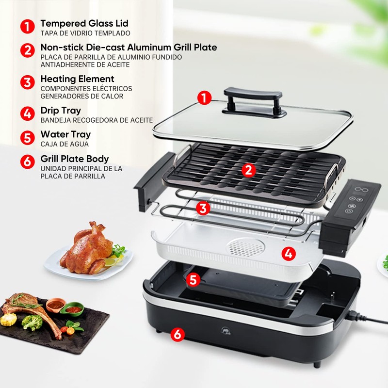X&E Smokeless Indoor Grill, 1500W Non-Stick Removable Grill Rack &