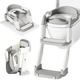 CUXFLS Potty Training Seat with Ladder 3-in-1 Toddler Toilet Ladder (Toilet, Ladder, Squatting Aid) for Children Boys Girls with Removable Cushion, Anti-Splash & Foldable Design - Grey