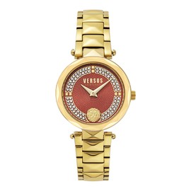 Versus Versace Covent Garden Collection Luxury Womens Watch Timepiece with a Gold Bracelet Featuring a Gold Case and Red Dial