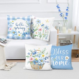 Bonhause Spring Floral Cushion Covers 45 x 45 cm Flowers Butterflies Bless Our Home Blue Decorative Throw Pillow Covers for Sofa Couch Bed Home Garden Patio Decor Set of 4