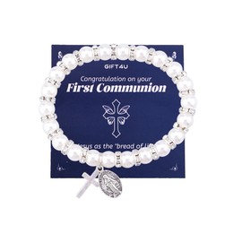 First Communion Gifts for Women Catholic Rosary Bead Wrist Bracelet White Cross Bracelet for Ladies Faith Religious Christian Gifts for God Daughter Sister Niece 1st Holy Communion Bracelets Gift Idea