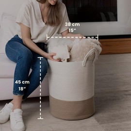 OrganiHaus Large Woven Laundry Basket w/Handles 52L, Rope Dirty Clothes Hamper, Blanket Basket for Living Room, Baby Laundry Hamper for Nursery, Soft Decorative Organizer Bin - Honey/Off-White