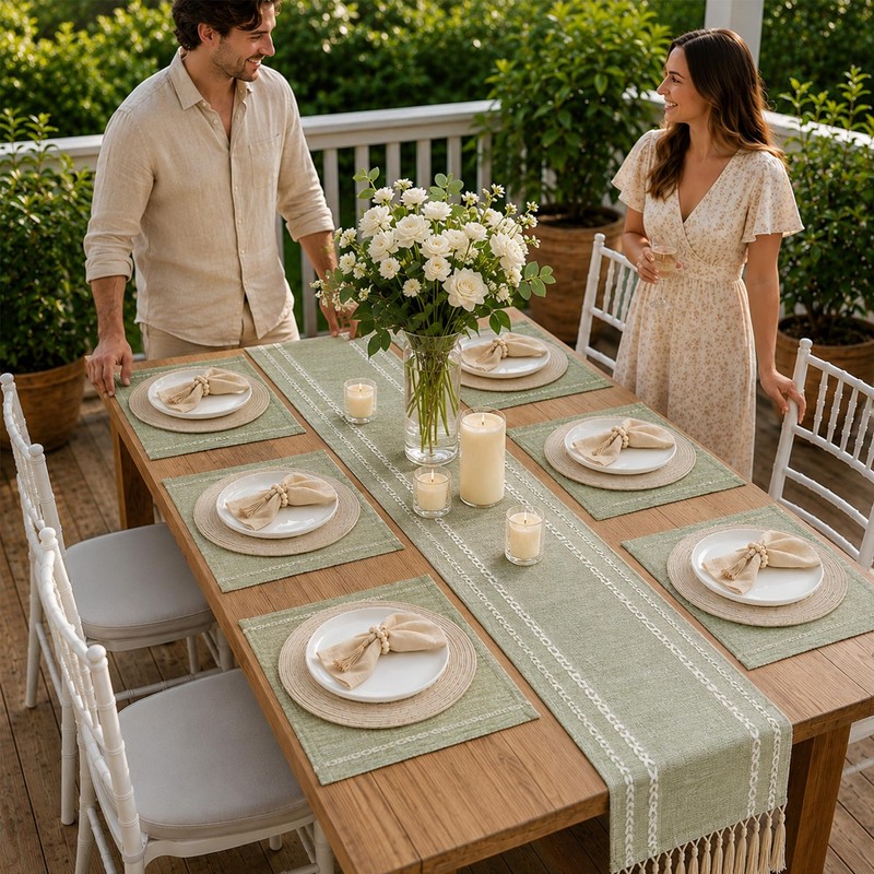 Boho Table Runner and Placemats Set of 6, Modern Farmhouse