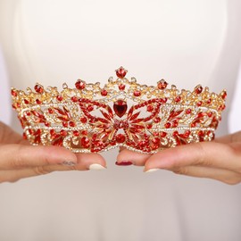 JWICOS Queen Crown Gold Tiaras and Crowns Butterfly Rhinestone Tiara Vintage Bridal Wedding Crown for Costume Prom Tiara Headpiece for Women (Red)