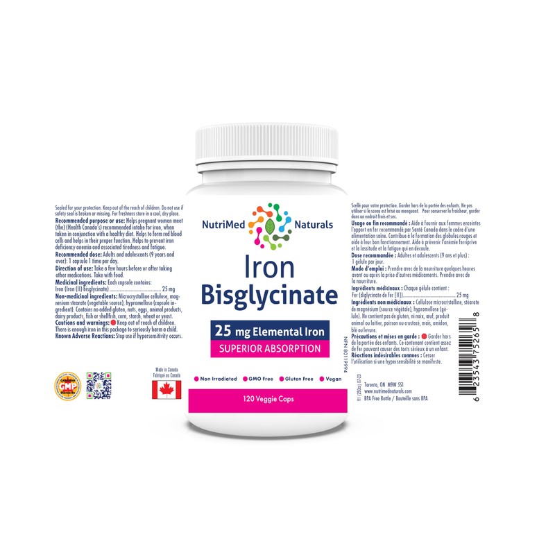 Iron Bisglycinate Iron Supplement 120 Caps - 25mg Elemental Iron