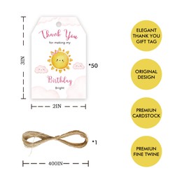 FORSHEEP 50pcs Sunshine Thank You Tags, Sun Gift Tag with String for Girl Birthday Party, Nice Weather Thank You Paper Tags for First Trip Around The Sun Birthday Party Favors