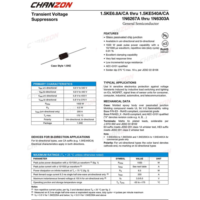(Pack of 20) Chanzon TVS Diodes 1.5KE30CA 1500W 30V DO-201AD