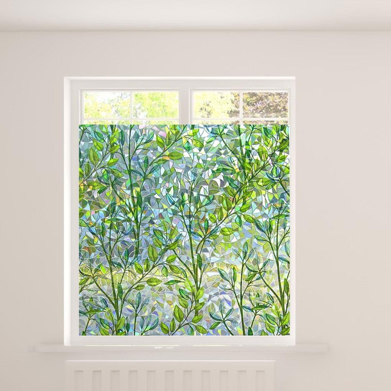 Qianly Privacy Window Film Static Cling Leaf Rainbow Sticker Decorative