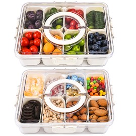 EBUTY 2 pack Divided Serving Tray with Lid and Handle Snack Box Container Portable Snack Platters Clear Organizer for Candy Fruits Nuts Veggies, Ideal for Party, Travel & Picnics