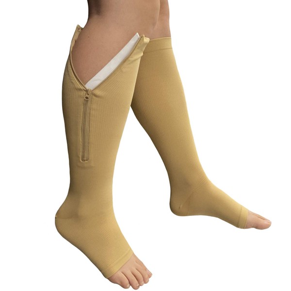 New Open Toe Knee Length Zipper Up Compression Hosiery Calf Leg Support Stocking (2XL, Beige)