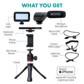 Movo iVlogger - Kit de inicio de YouTube compatible con Lightning para creadores de contenidos - Accesorios: trípode de teléfono, soporte de teléfono, luz LED y micrófono de escopeta