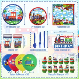 Train Party Supplies , Includes Happy Birthday Banner, Plates, Cupcake Toppers, Napkins, Cups, Tablecloths, for Train Theme Party Birthday Vehicle Party Decorations Serves 20