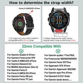 VELEYOK 22mm Genuine Leather watch Bands Compatible With Garmin Tactix/Fenix 8 AMOLED 47mm/E/7/6/pro/5 Plus/5/Descent G2/G1/Quatix 7 Pro/7/6/Forerunner 965/955/970/epix Pro Approach S70 47mm/S62/S60