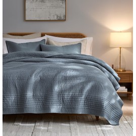 palassio Striped Blue Grey 100% Cotton Quilt Queen Size Bedding Sets, Lightweight Crinkly Channel Pick Stitch Textured Bedspread Soft Shabby Chic Farmhouse Country Coverlet for All Season, 2 Shams