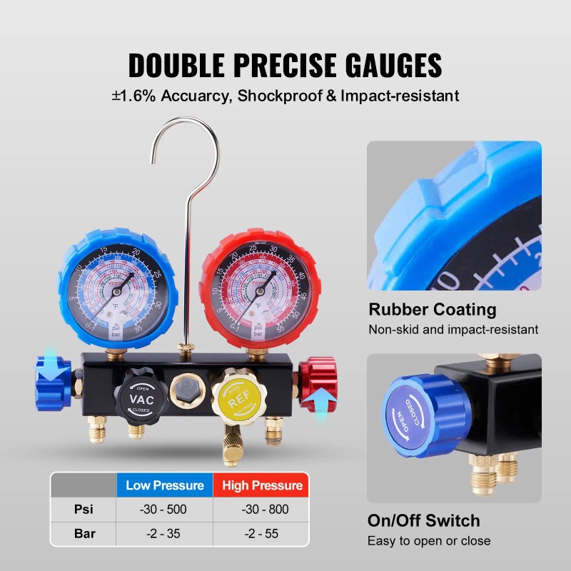 4-Way AC Manifold Gauge Set with 5ft Hoses Couplers R134A